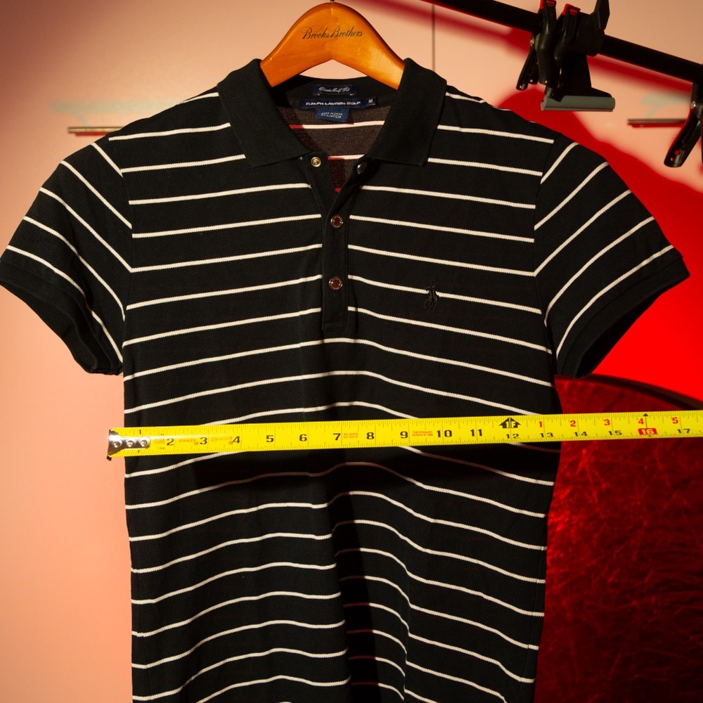 Women's Black with White Striped Ralph Lauren Golf Polo Size M